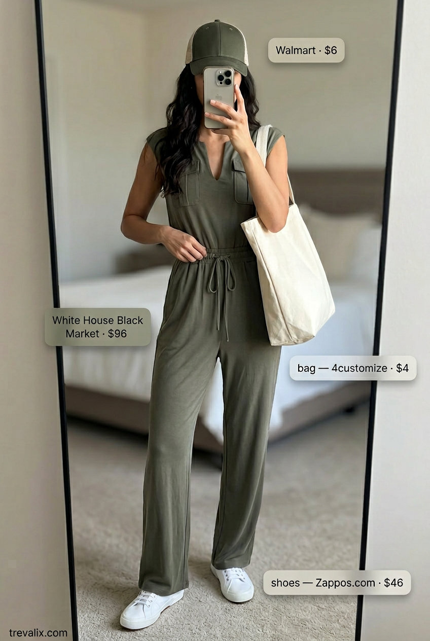 Olive green utility jumpsuit, white sneakers, and canvas tote for casual outfits for women with inverted triangle shape 2026.