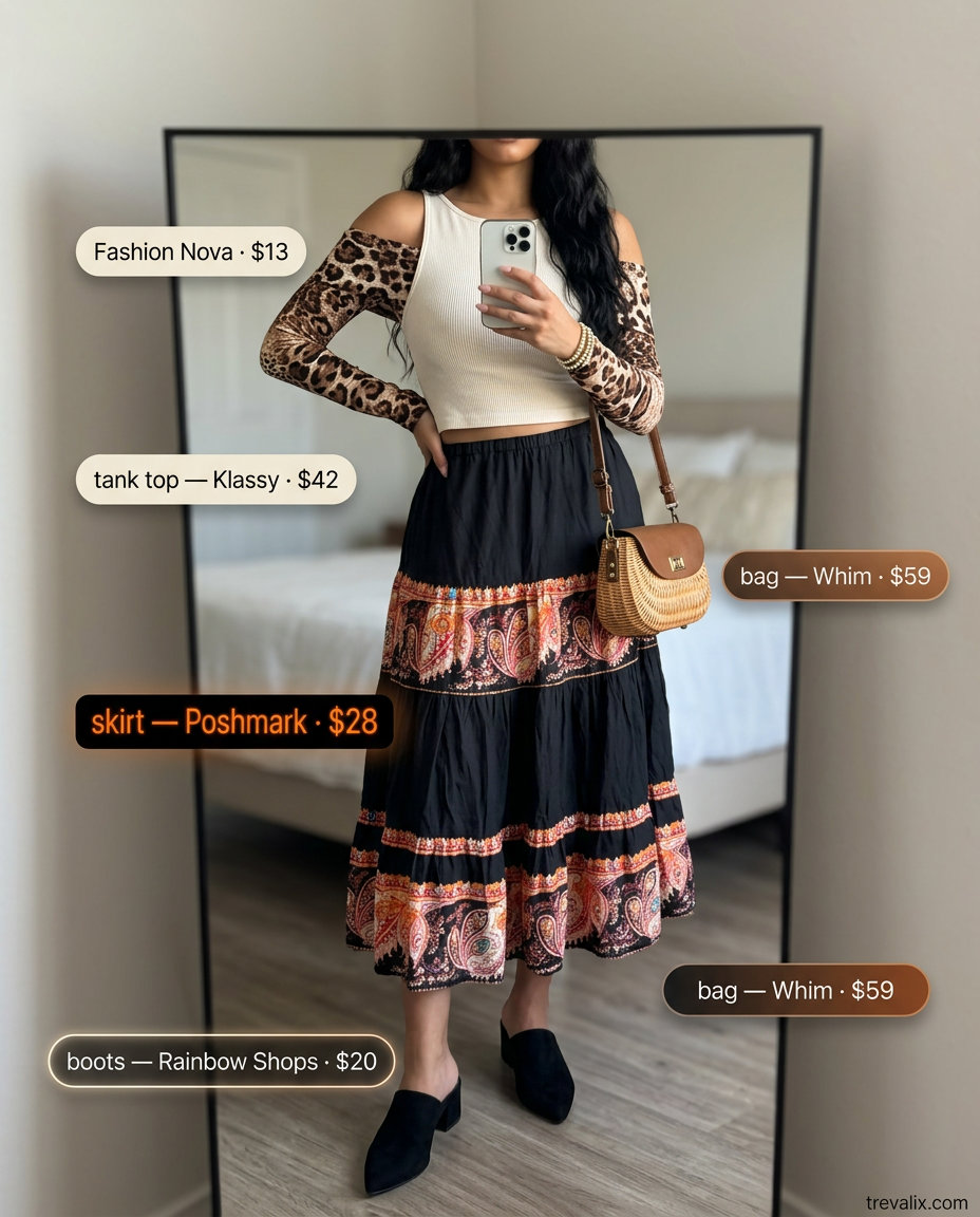Burnt orange print skirt, cream top, and black mules for casual outfits for women with inverted triangle shape 2026.