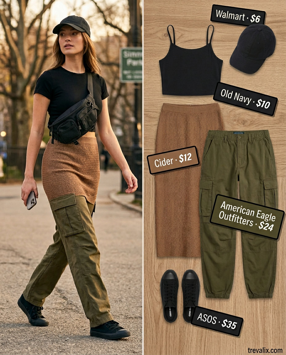 Casual outfits for women with Inverted Triangle Shape 2026: Olive cargo pants, black t-shirt, combat boots, and utility belt bag.