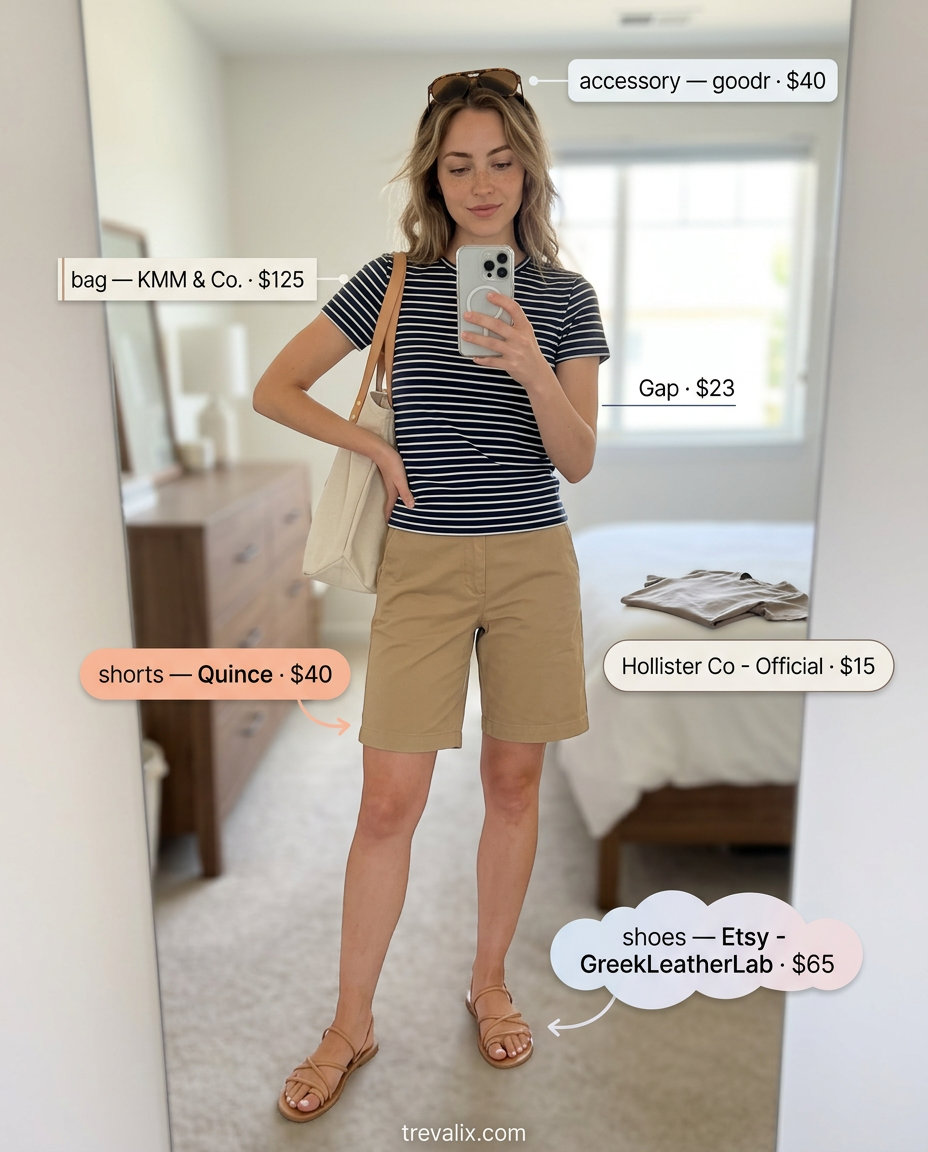 Casual Day Out shorts outfit for inverted triangle shape: khaki shorts, striped tee, leather sandals. Casual outfits for women 2026.