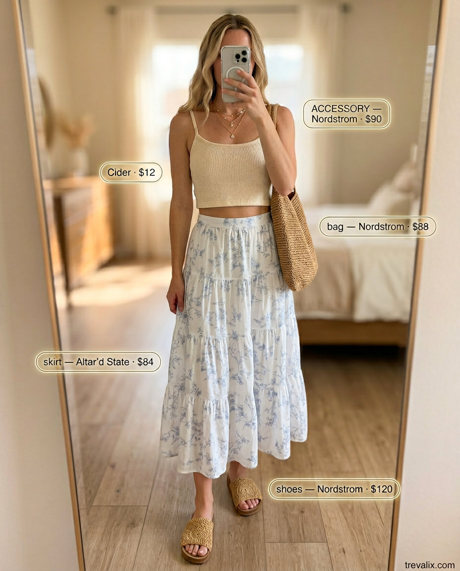 Coastal Breeze Midi outfit for inverted triangle shape: pastel blue floral skirt, cream tank, raffia slides, straw tote. Casual outfits for women 2026.