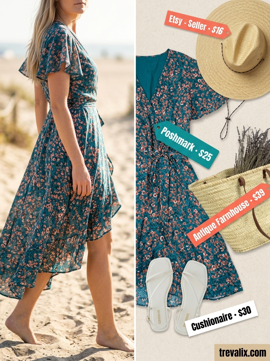 Effortless Summer Ease dress for inverted triangle shape: teal maxi dress, straw hat, flat sandals. Casual outfits for women 2026.