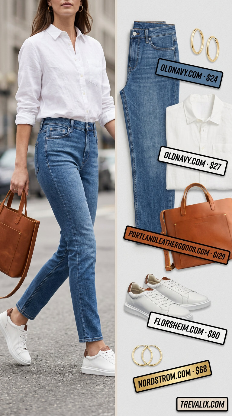 Effortless Weekend Ease jeans outfit for inverted triangle shape: straight-leg jeans, linen shirt, crossbody bag. Casual outfits for women 2026.