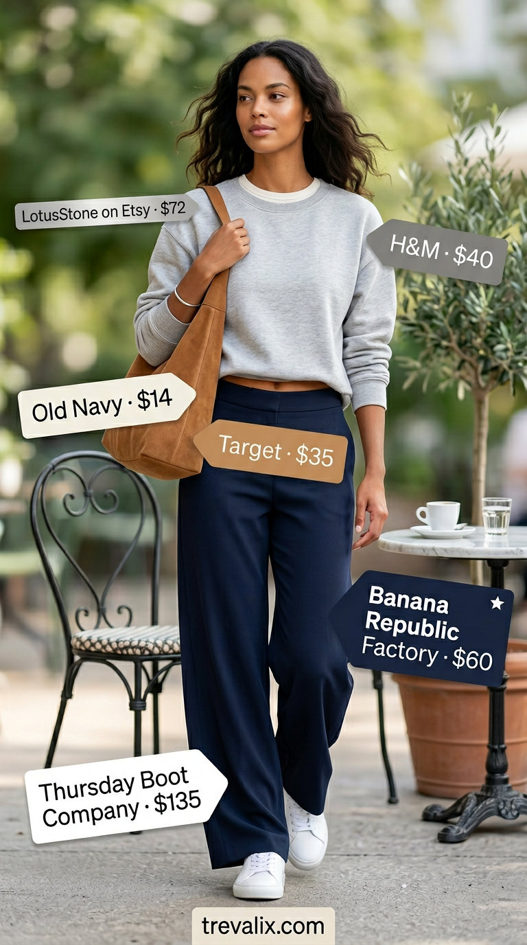 Effortless Weekend Ease outfit for inverted triangle shape: navy wide-leg pants, white tee, slouchy bag. Casual outfits for women 2026.