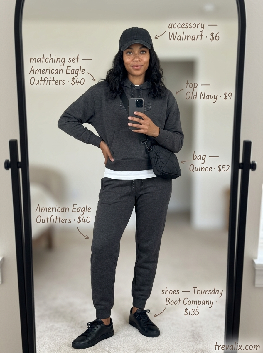 Elevated Athleisure Comfort set for inverted triangle shape: grey hoodie & joggers, white tee, sneakers. Casual outfits for women 2026.