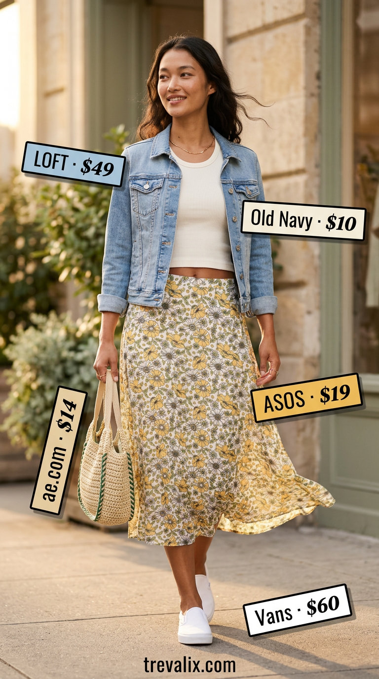 Casual outfits for women with Inverted Triangle Shape 2026: Floral midi skirt, denim jacket, white tank, and slip-on sneakers.