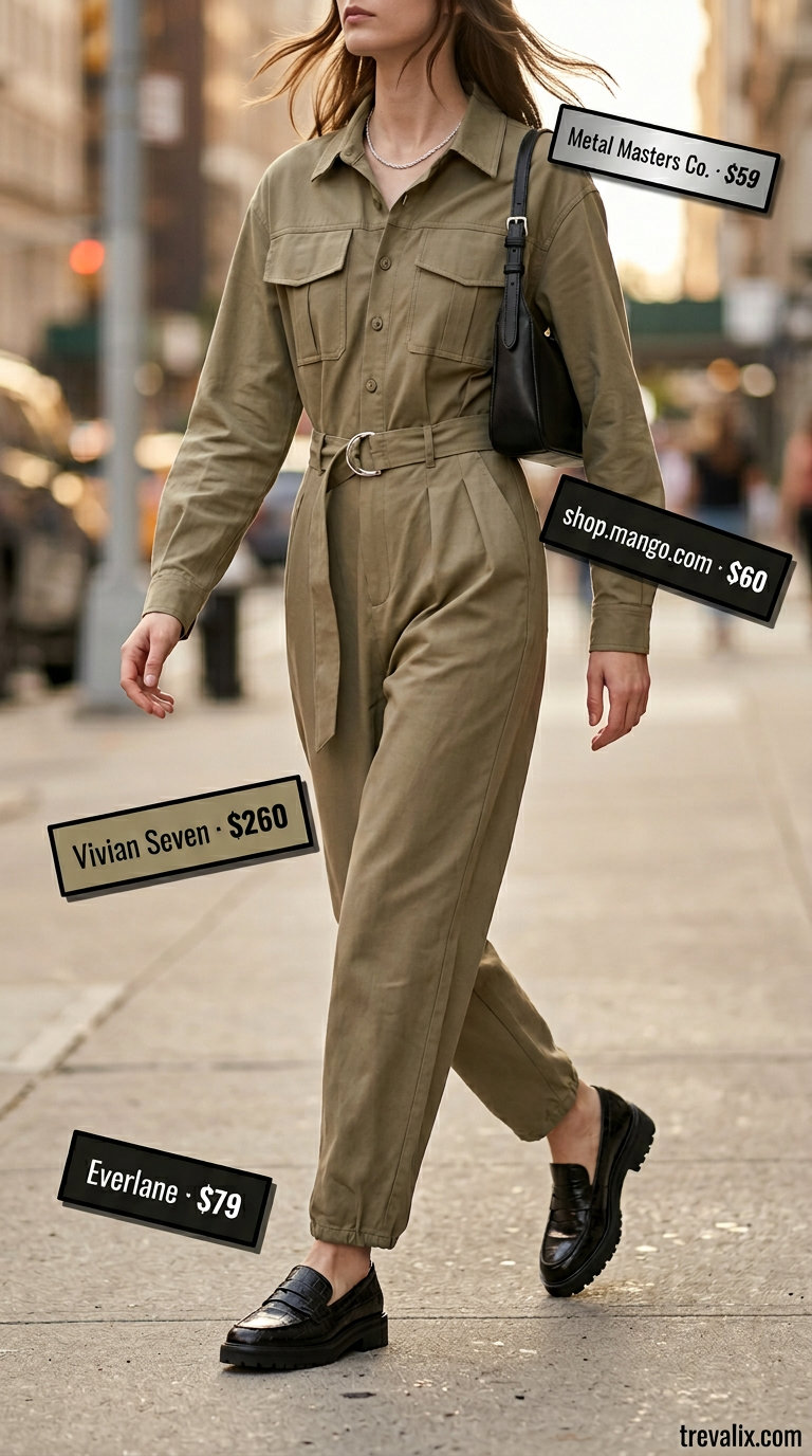 Casual outfits for women with Inverted Triangle Shape 2026: Khaki utility jumpsuit, black loafers, and crossbody bag.