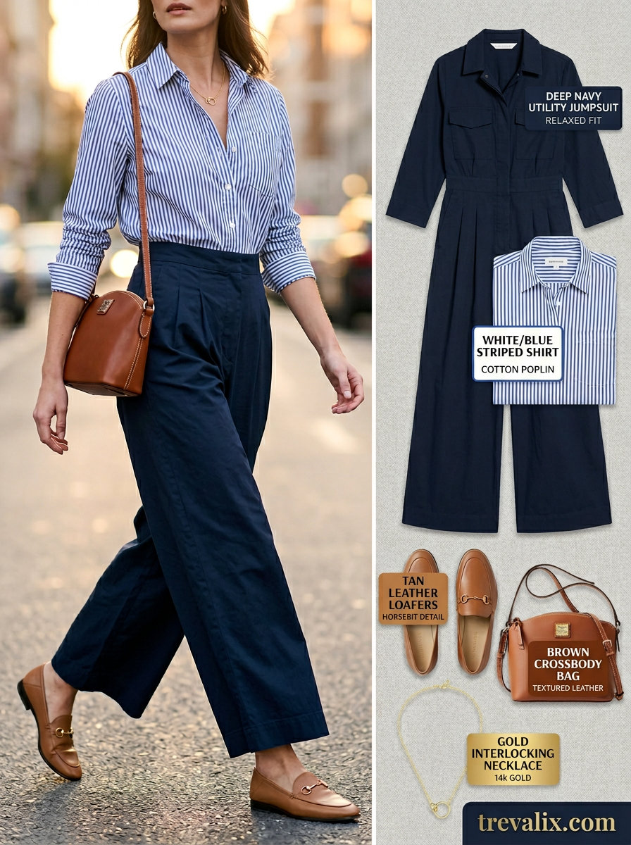 Casual outfits for women with Inverted Triangle Shape 2026: Navy utility jumpsuit, tan loafers, and structured crossbody bag.
