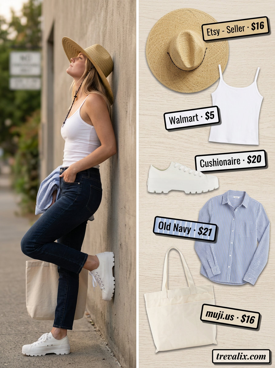 Casual outfits for women with Inverted Triangle Shape 2026: Beige linen shorts, white tank, oversized light blue shirt, and canvas sneakers.