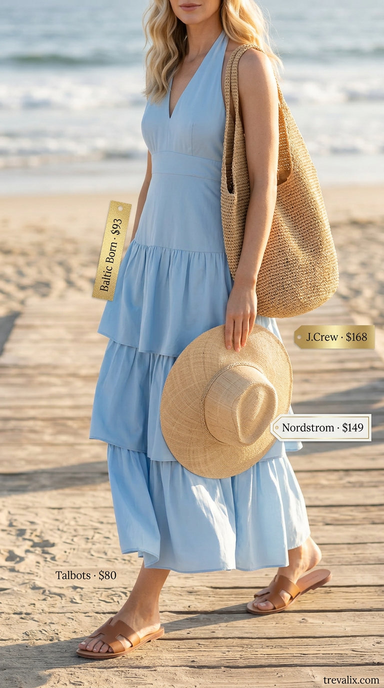 Casual outfits for women with Inverted Triangle Shape 2026: Sky blue maxi dress, straw hat, and flat sandals.