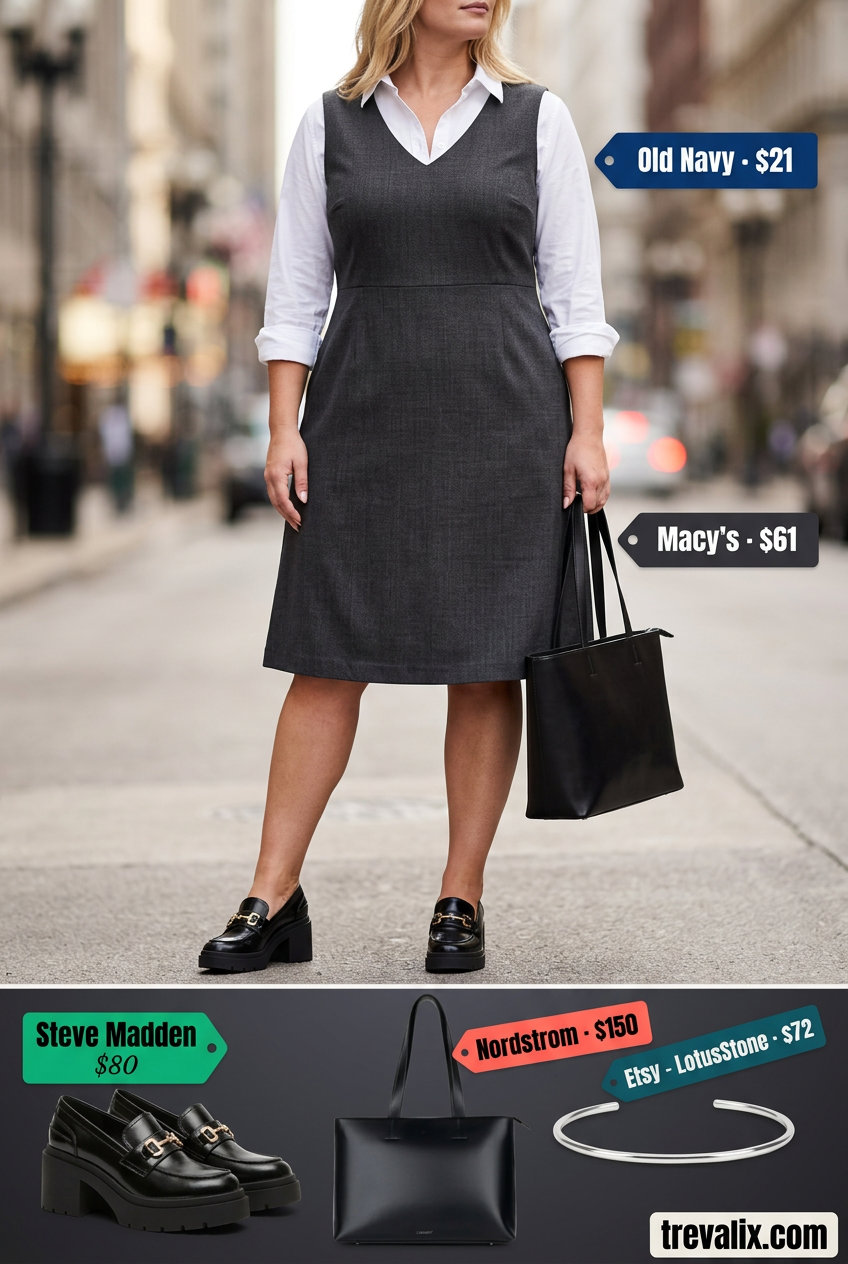 Casual outfits for women with Inverted Triangle Shape 2026: Charcoal grey midi dress, black loafers, and tote bag for work or brunch.