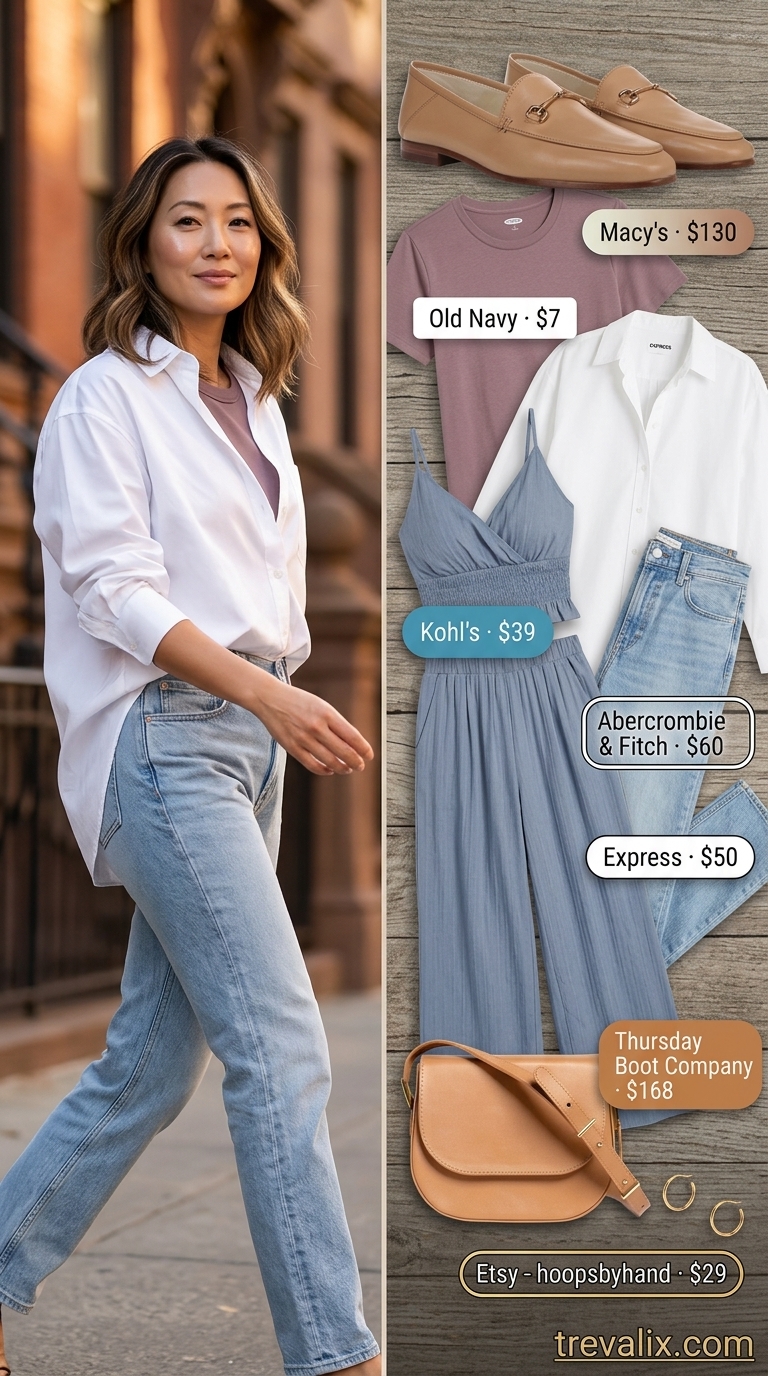 Modern Denim Duo outfit for inverted triangle shape: oversized shirt, straight jeans, loafers. Casual outfits for women 2026.