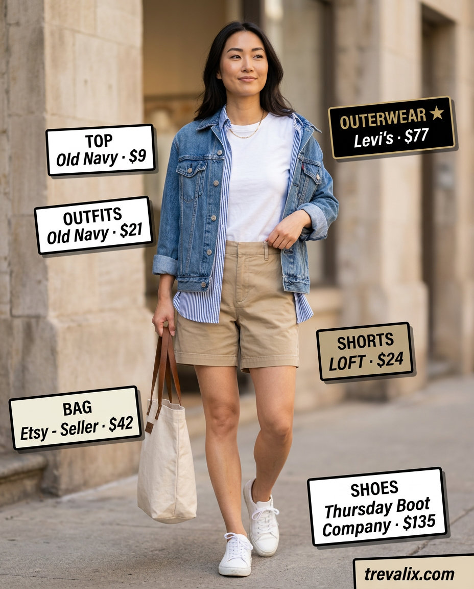 Relaxed Denim Duo outfit for inverted triangle shape: denim jacket, chino shorts, white tee. Casual outfits for women 2026.