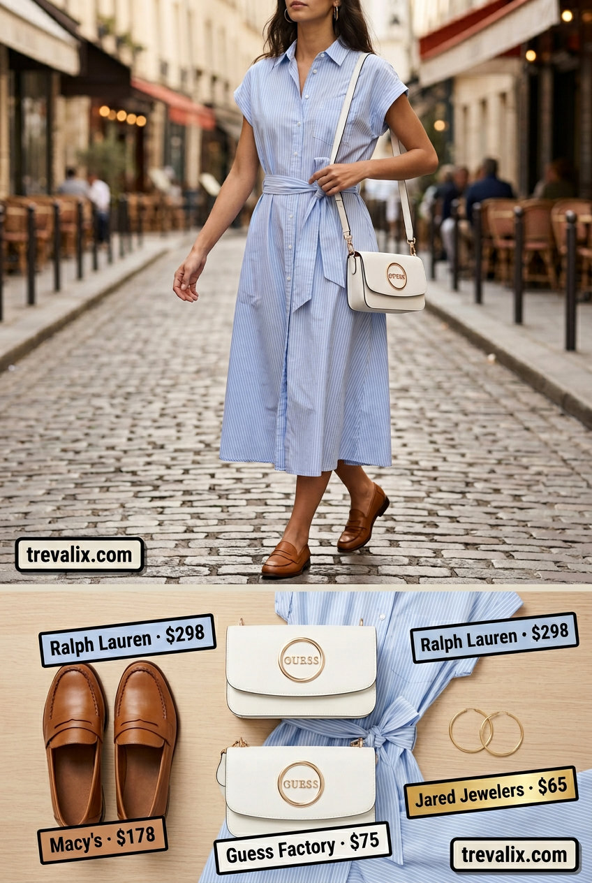 Relaxed Shirt Dress for inverted triangle shape: light blue dress, loafers, crossbody bag. Casual outfits for women 2026.