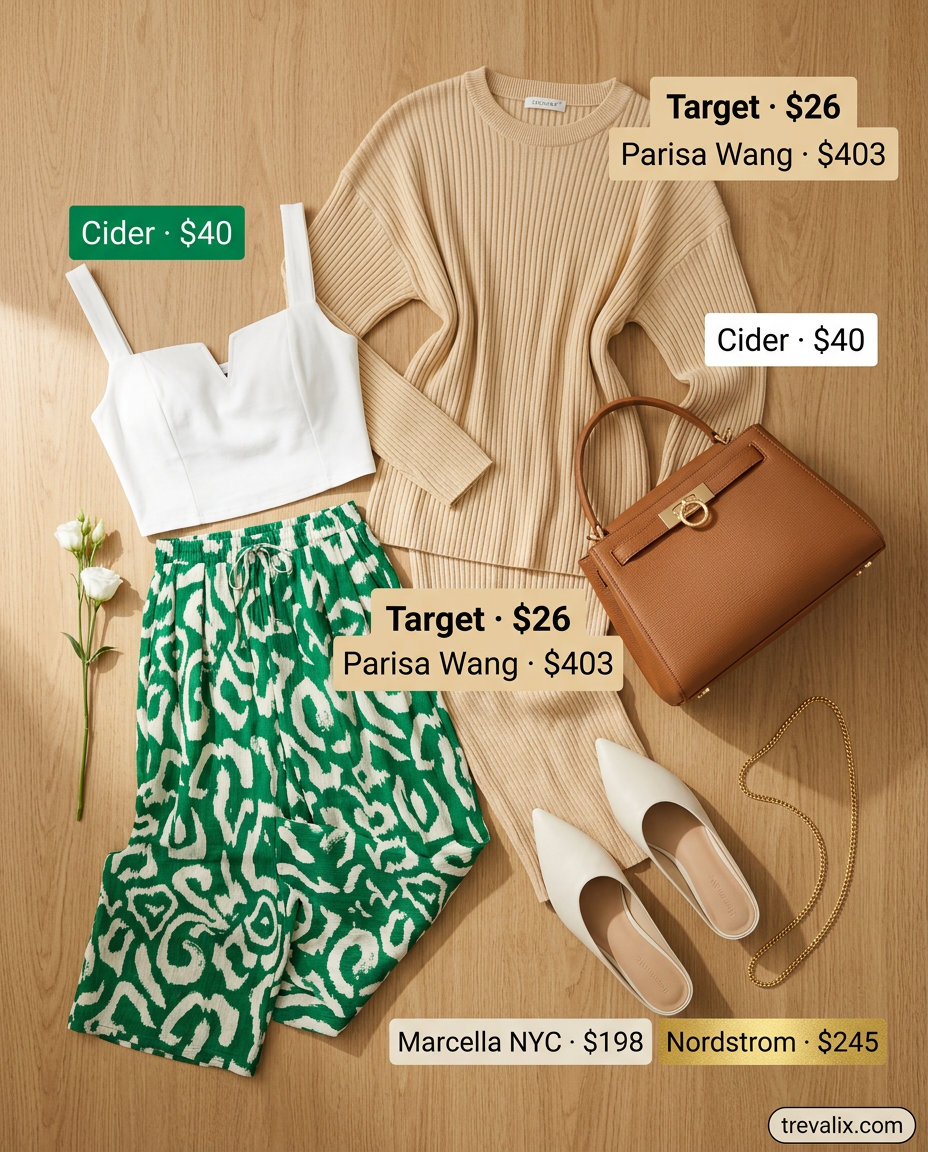 Sophisticated Knit Set for inverted triangle shape: camel wide-leg pants, ribbed tank, leather mules. Casual outfits for women 2026.