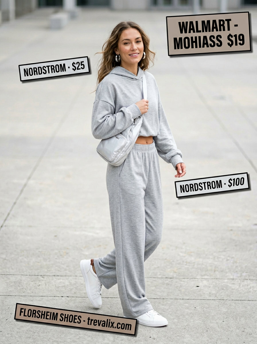 Casual outfits for women with Inverted Triangle Shape 2026: Light grey matching sweat set with white sneakers and crossbody bag.