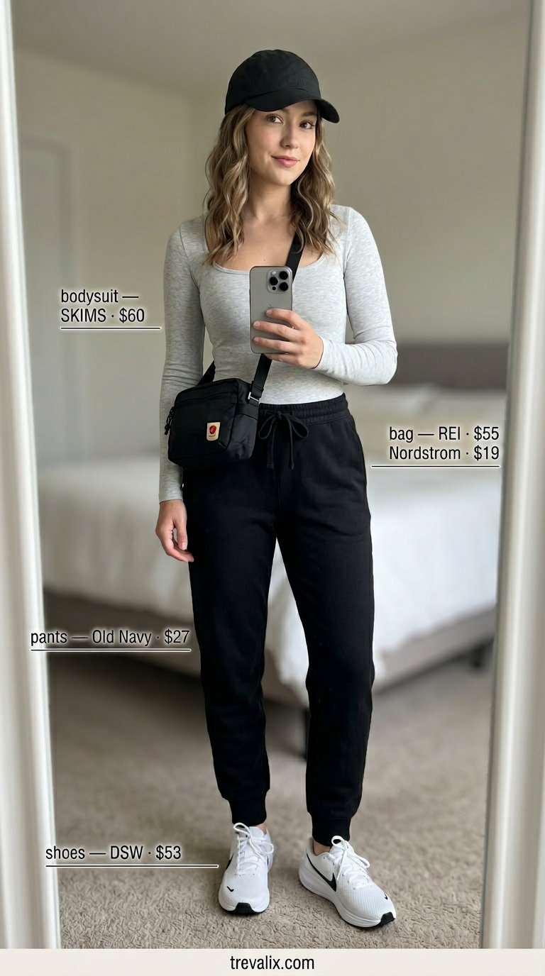 Casual summer bodysuit outfits for women 2026: Grey bodysuit with black joggers, sneakers, and cap for athleisure comfort.