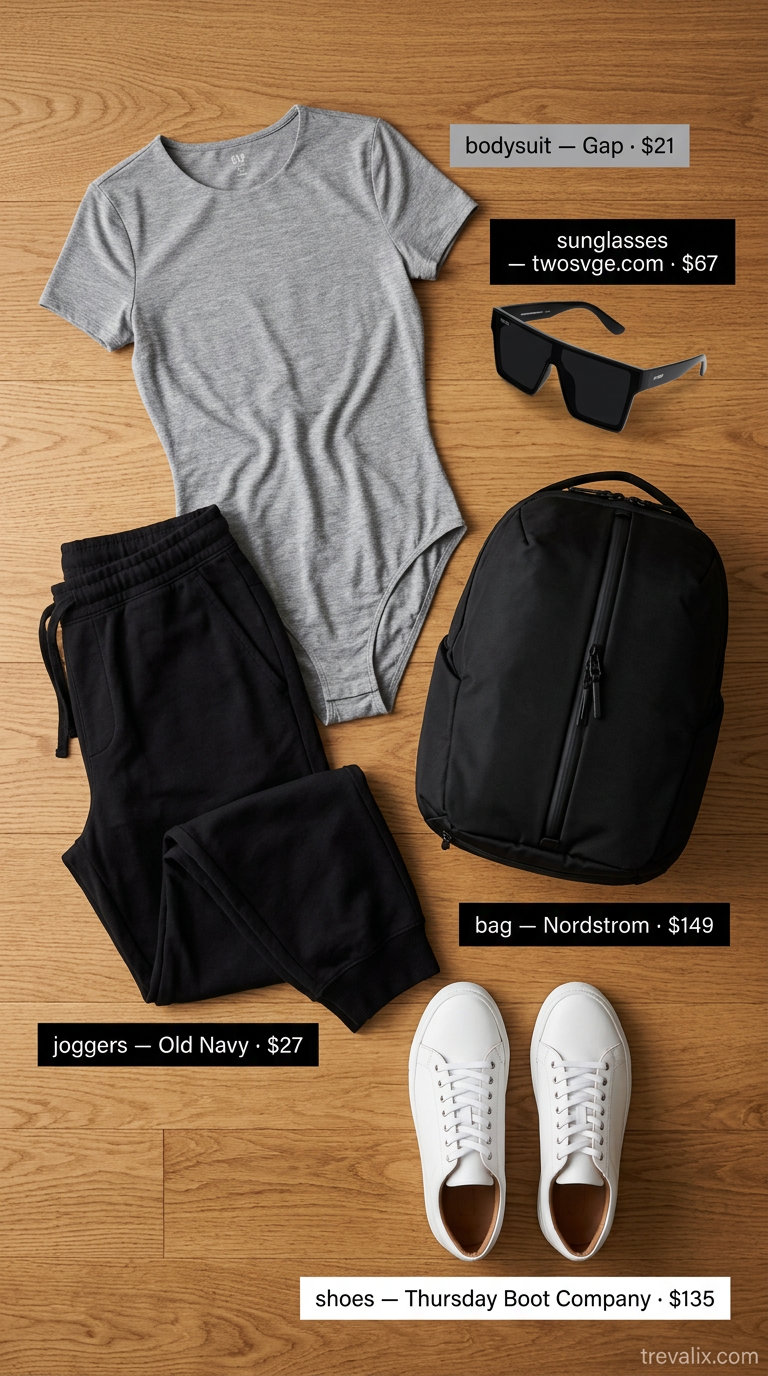 Casual summer bodysuit outfits for women 2026: Grey marl bodysuit with black joggers, white sneakers, and backpack for travel.