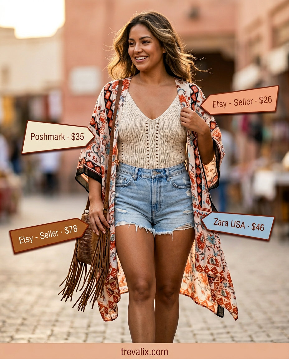 Casual summer bodysuit outfits for women 2026: Cream crochet bodysuit with denim shorts, kimono, and suede boots.