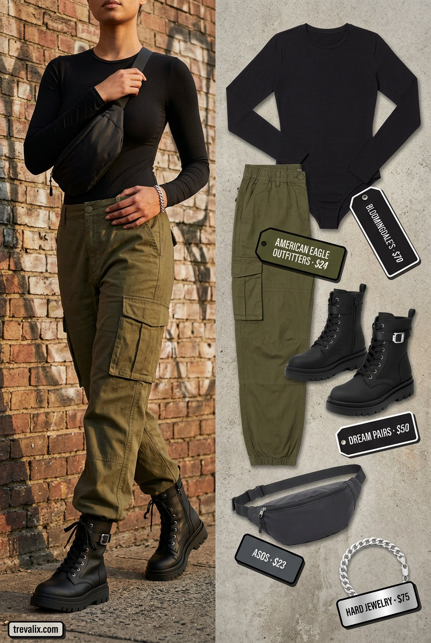 Casual summer bodysuit outfits for women 2026: Black long-sleeve bodysuit with olive cargo pants and combat boots.