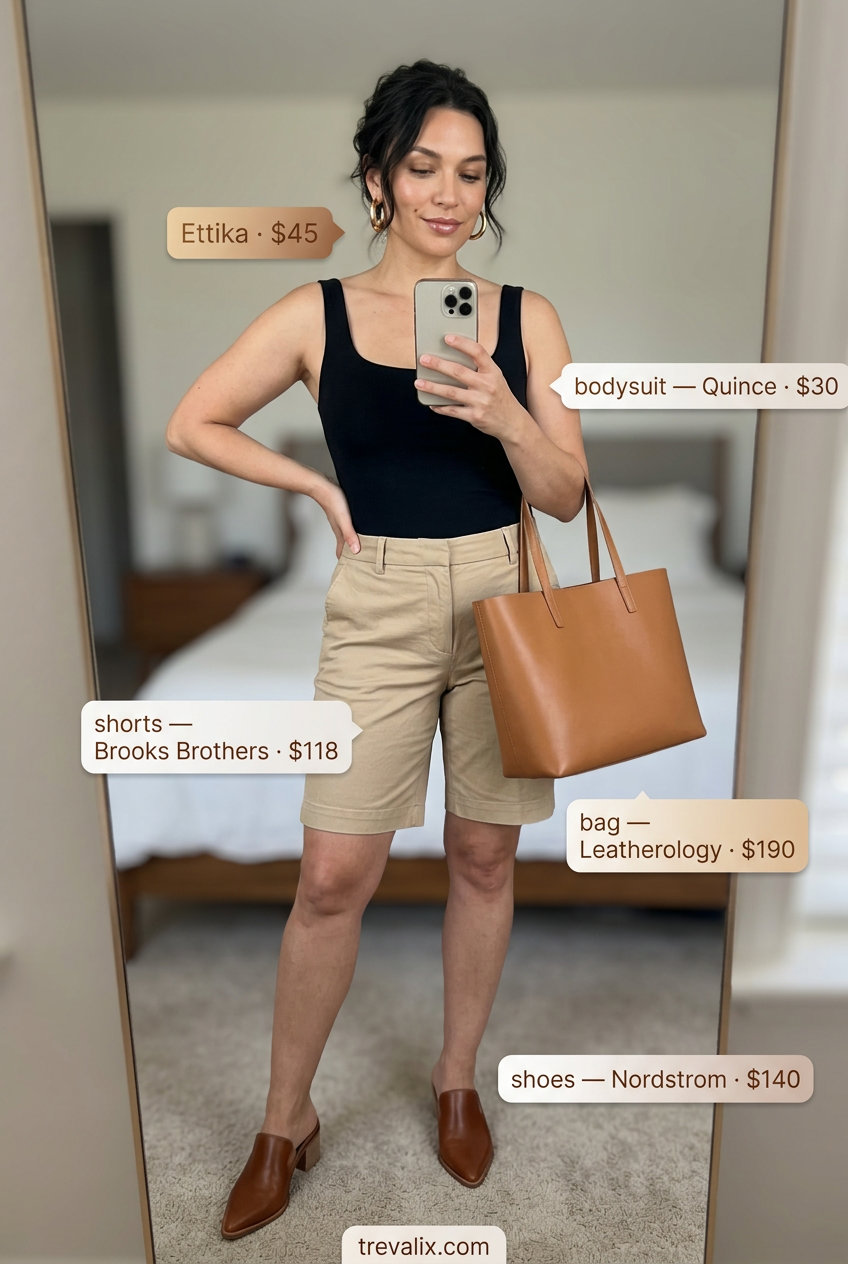 Casual summer bodysuit outfits for women 2026: Black bodysuit with tan Bermuda shorts, mules, and tote for city outings.