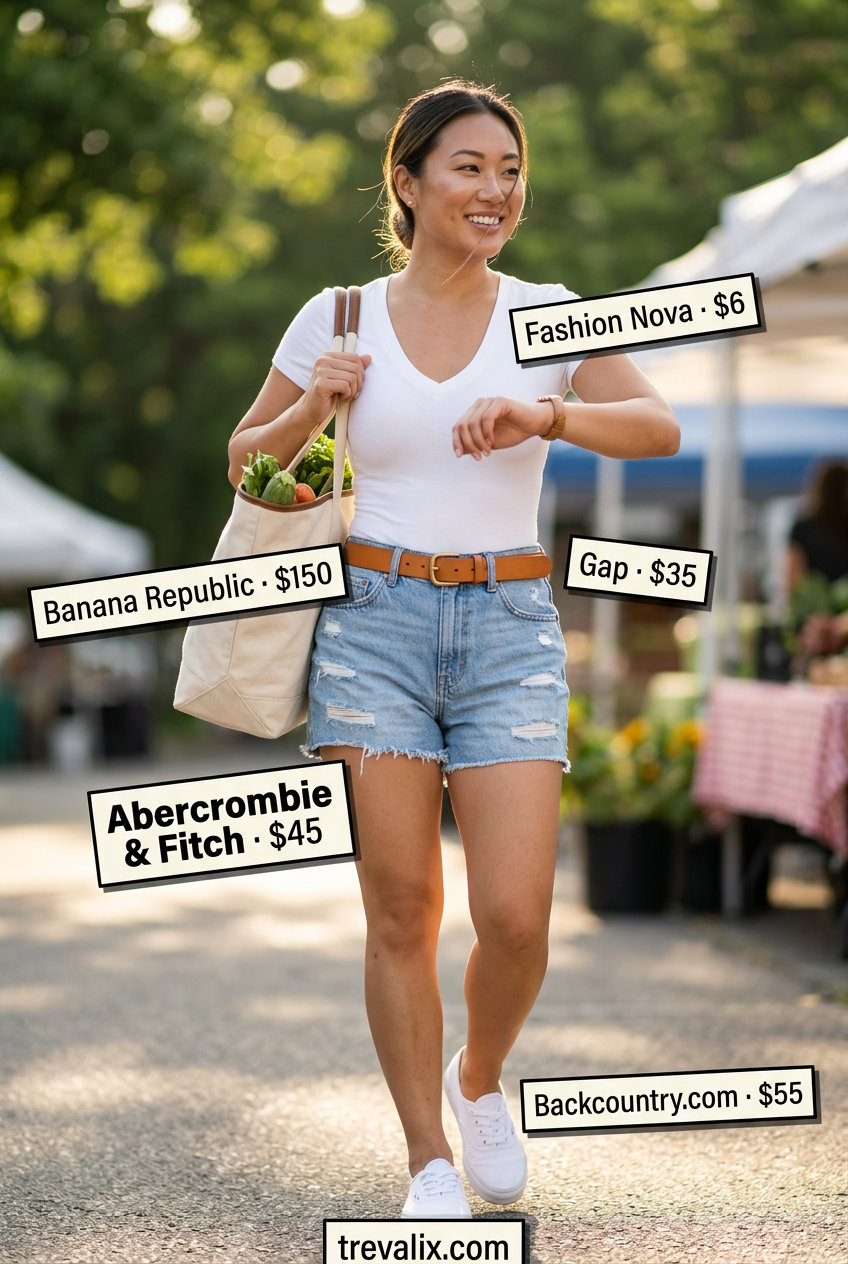 Casual summer bodysuit outfits for women 2026: White V-neck bodysuit with denim shorts, canvas sneakers, and tan belt.