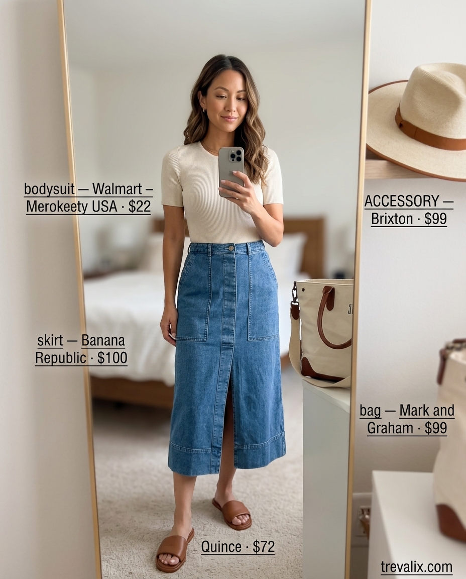 Casual summer bodysuit outfits for women 2026: Cream bodysuit with denim midi skirt, sandals, hat, and tote for farmer's market.