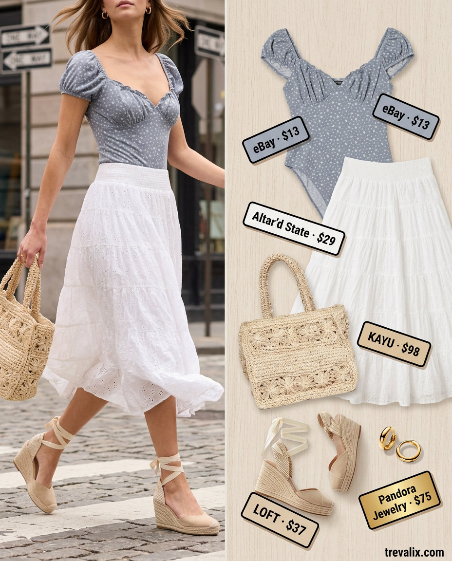 Casual summer bodysuit outfits for women 2026: Floral bodysuit with white midi skirt, espadrilles, and straw tote.