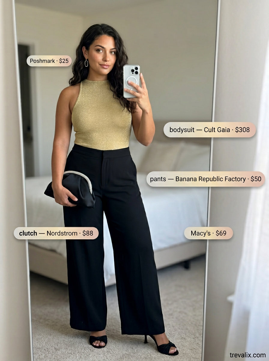 Casual summer bodysuit outfits for women 2026: Gold metallic bodysuit with black wide-leg trousers for evening events.