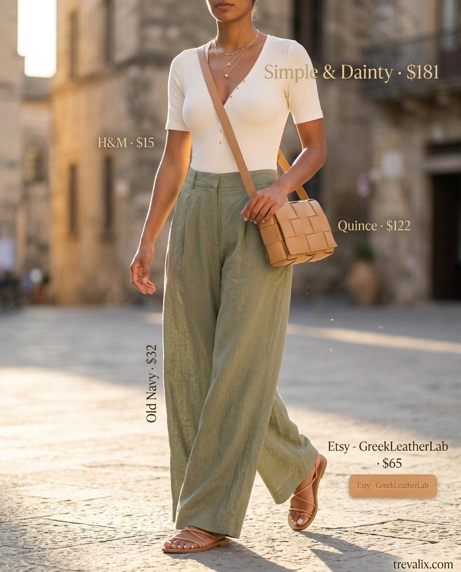 Casual summer bodysuit outfits for women 2026: Cream scoop neck bodysuit with sage green linen pants and tan crossbody.