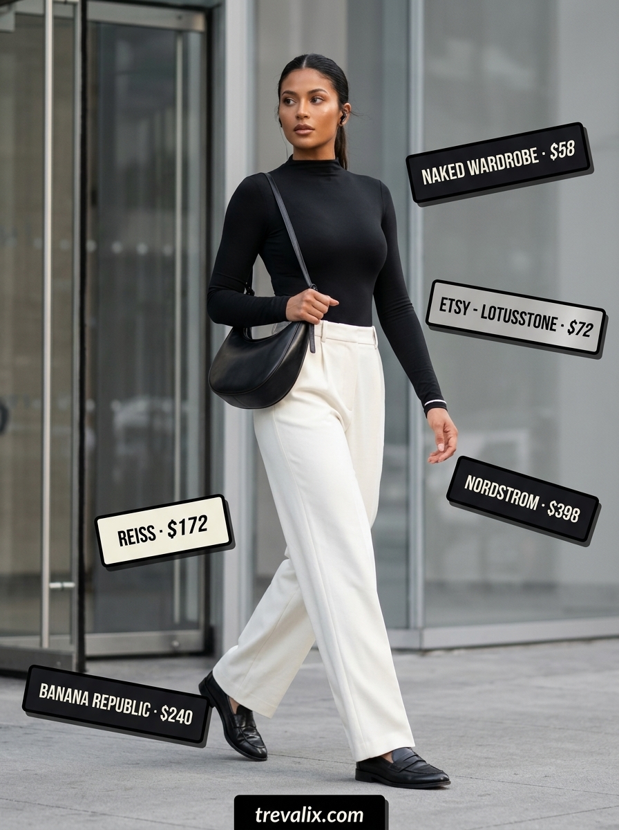 Casual summer bodysuit outfits for women 2026: Black mock neck bodysuit with white trousers, loafers, and silver bracelet.