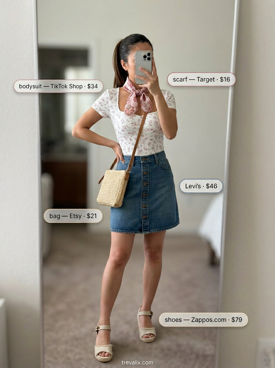 Casual summer bodysuit outfits for women 2026: Floral bodysuit with denim mini skirt, espadrilles, and straw bag for picnics.
