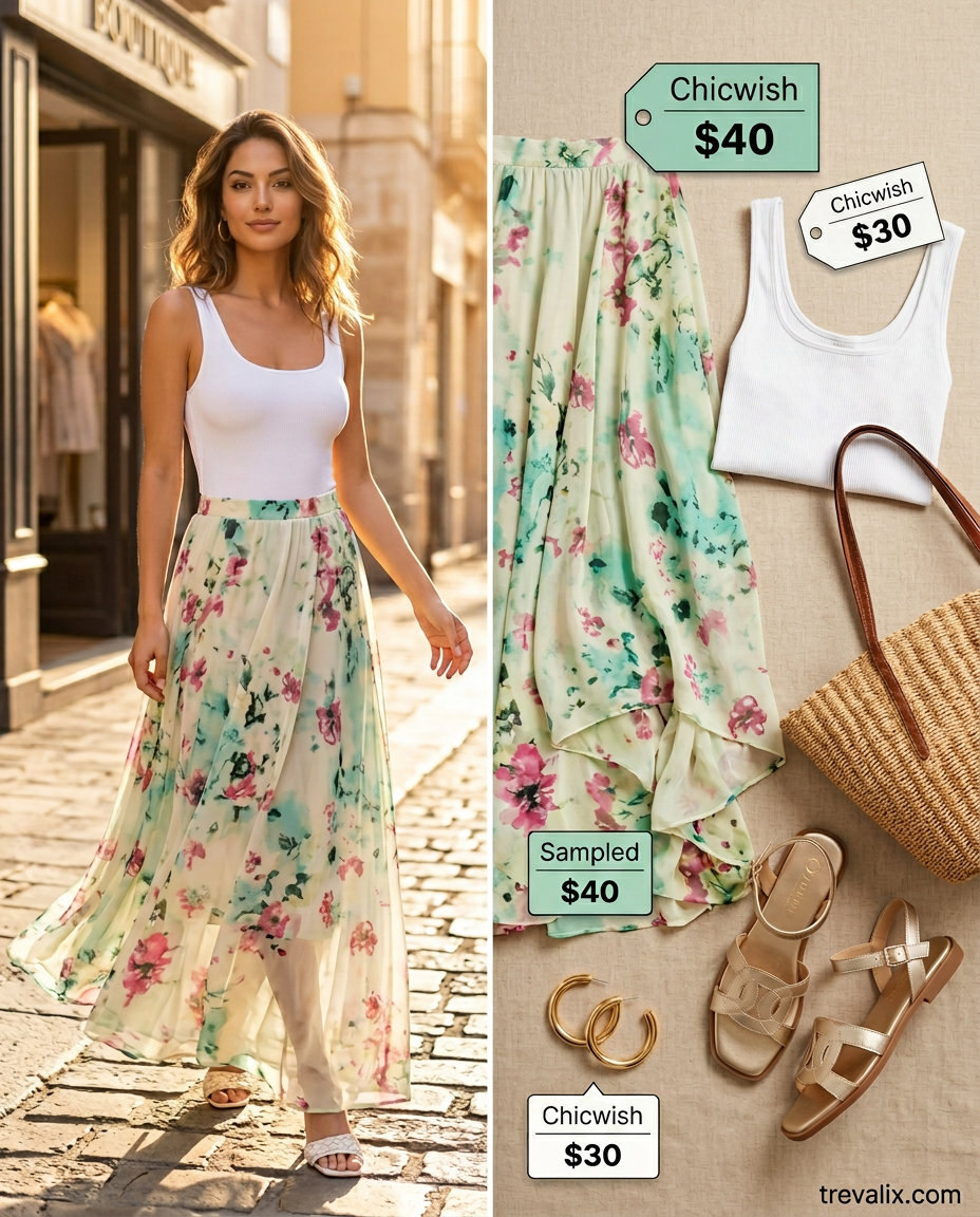 Casual summer bodysuit outfits for women 2026: White bodysuit with floral maxi skirt, sandals, and straw tote for poolside.