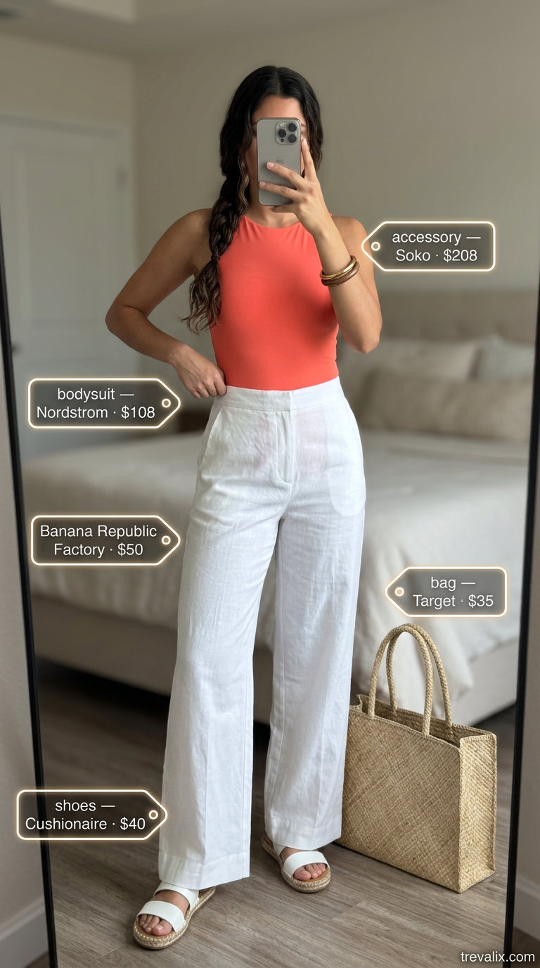 Casual summer bodysuit outfits for women 2026: Coral bodysuit with white palazzo pants, espadrilles, and straw tote for beach evenings.