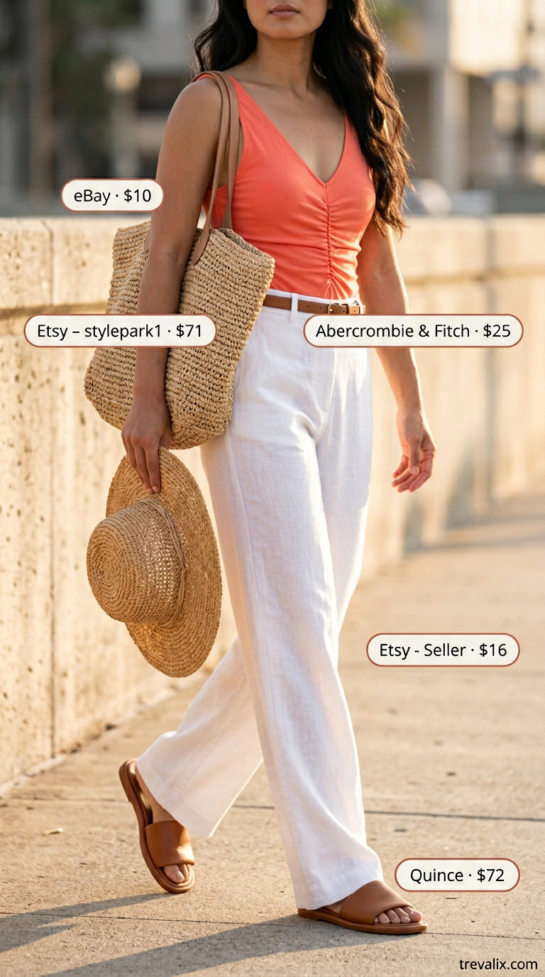Casual summer bodysuit outfits for women 2026: Coral ruched bodysuit with white linen pants, slide sandals, and straw hat.
