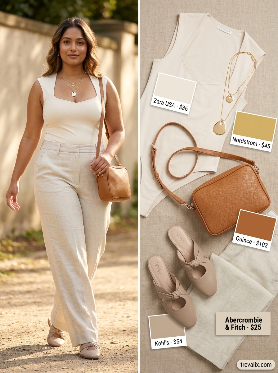 Casual summer bodysuit outfits for women 2026: Cream bodysuit with beige linen pants, mules, and crossbody bag for brunch.