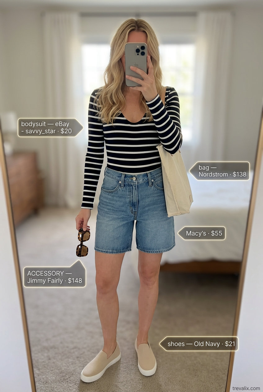 Casual summer bodysuit outfits for women 2026: Navy stripe bodysuit with denim shorts, sneakers, and tote for coffee runs.