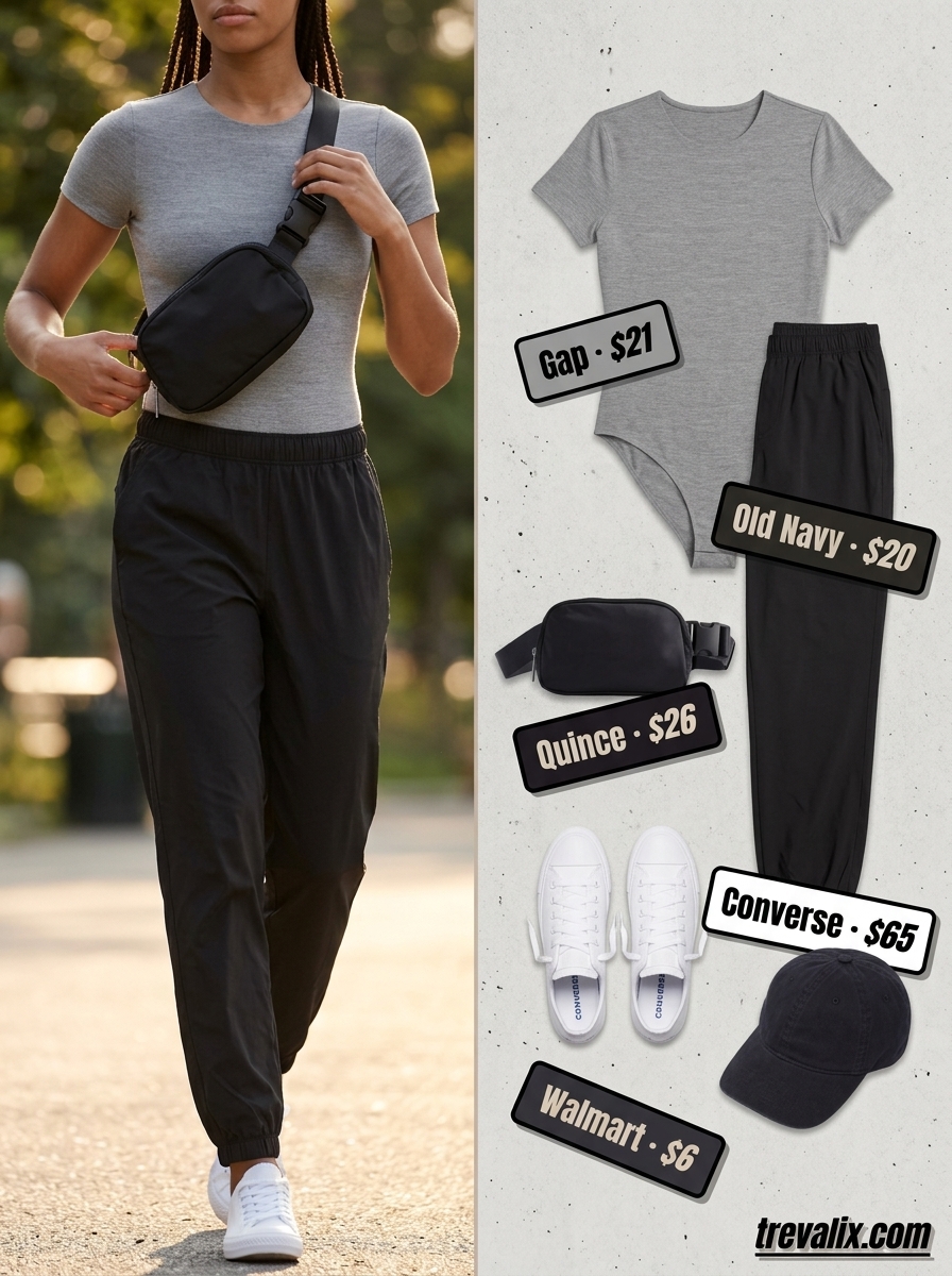 Grey short-sleeve bodysuit with black joggers, belt bag, and sneakers for casual summer outfits for women 2026.