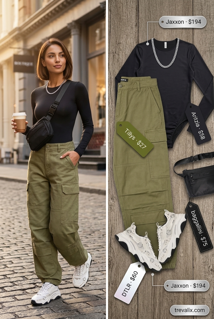 Black long-sleeve bodysuit with olive cargo pants, belt bag, and sneakers for casual summer outfits for women 2026.