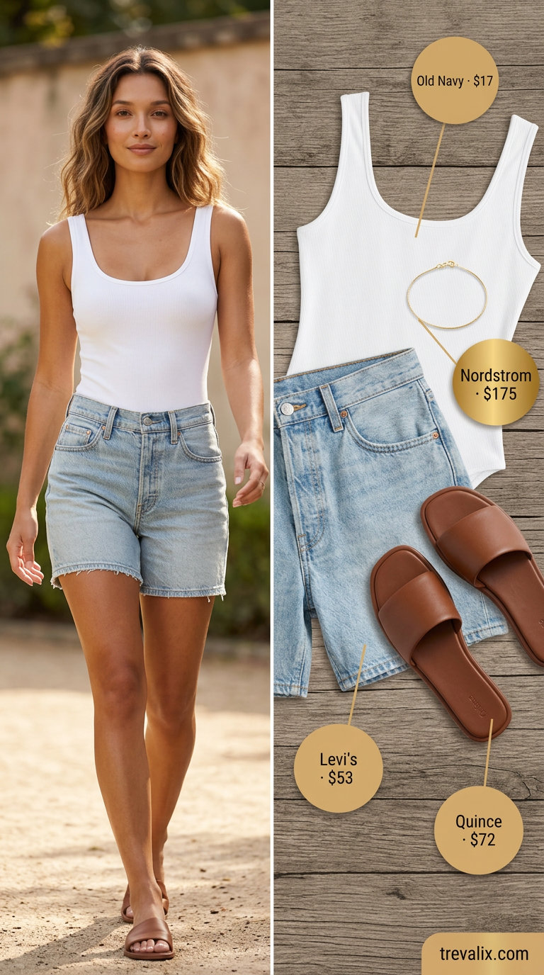 White ribbed bodysuit with denim shorts, straw bag, and flat sandals for casual summer outfits for women 2026.
