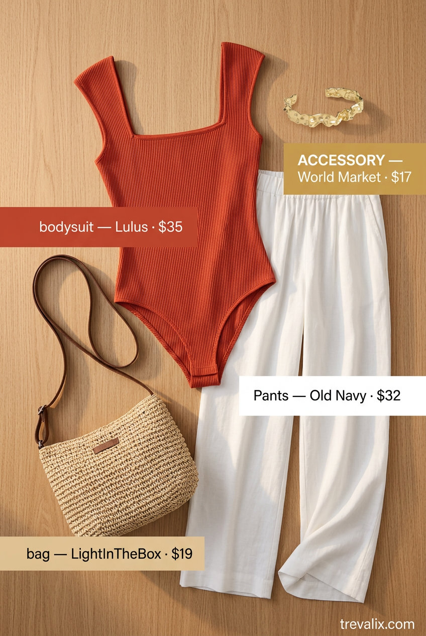 Terracotta bodysuit with linen pants, espadrilles, and straw bag for casual summer outfits for women 2026.