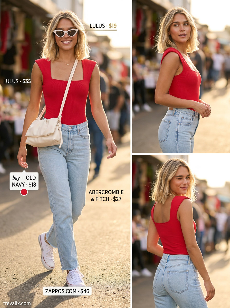 Red bodysuit with light wash jeans, cat-eye sunglasses, and sneakers for casual summer outfits for women 2026.