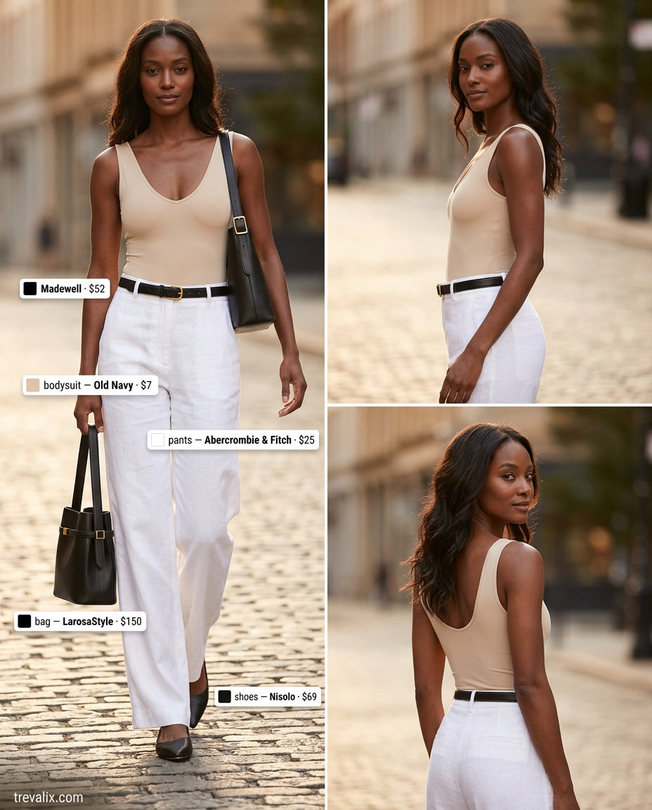 Beige bodysuit with tailored trousers, loafers, and shoulder bag for casual summer outfits for women 2026.