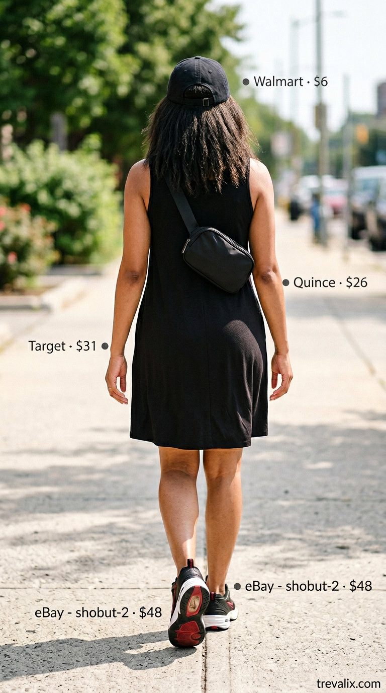 Grey sweatshirt with black nylon belt bag and fashion sneakers for casual summer sundresses 2026.