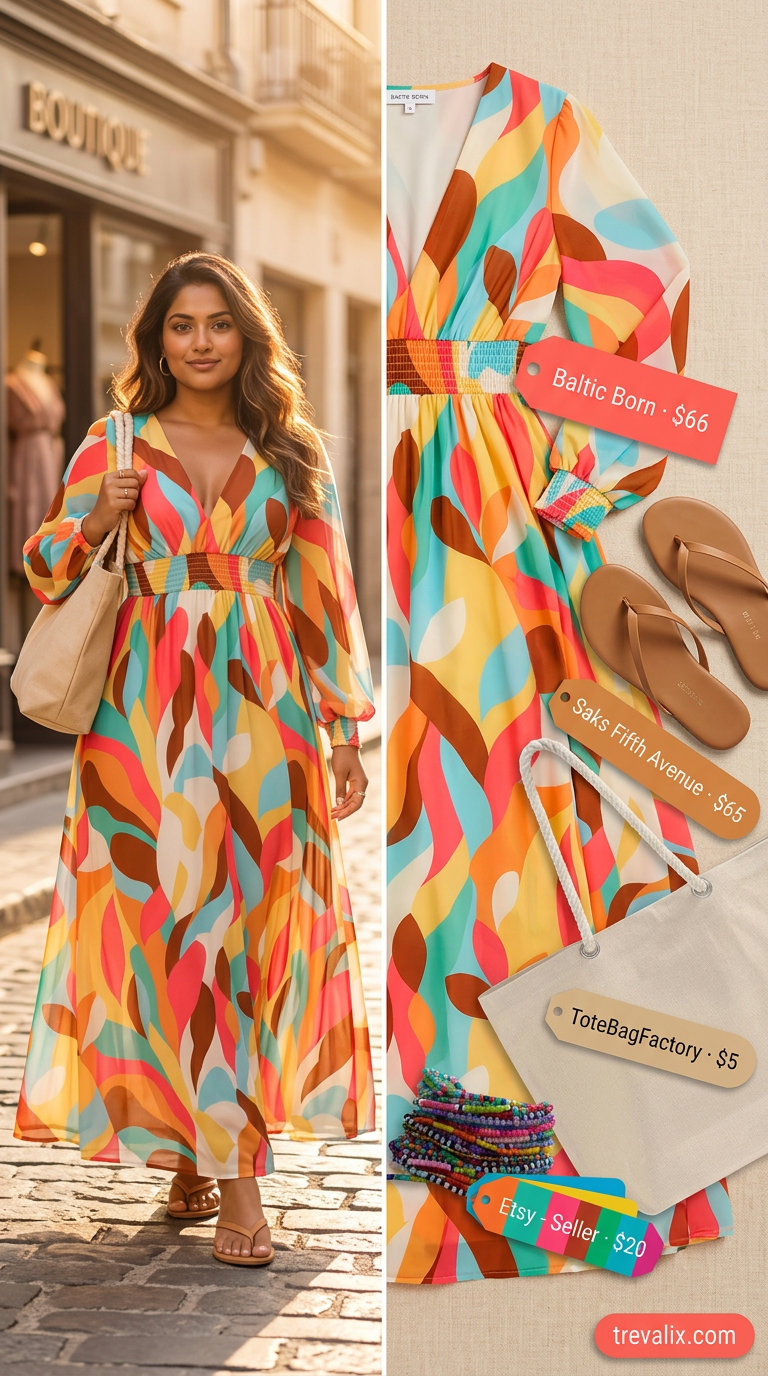 Abstract print maxi dress with leather thong sandals and canvas beach tote for casual summer sundresses 2026.
