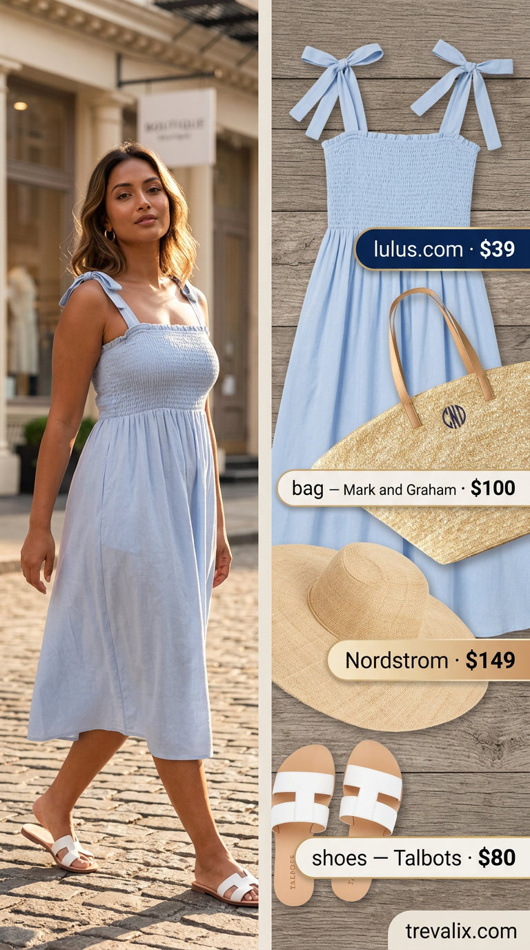 Effortless sky blue cotton midi sundress for casual summer sundresses 2026. Ideal for beach days.