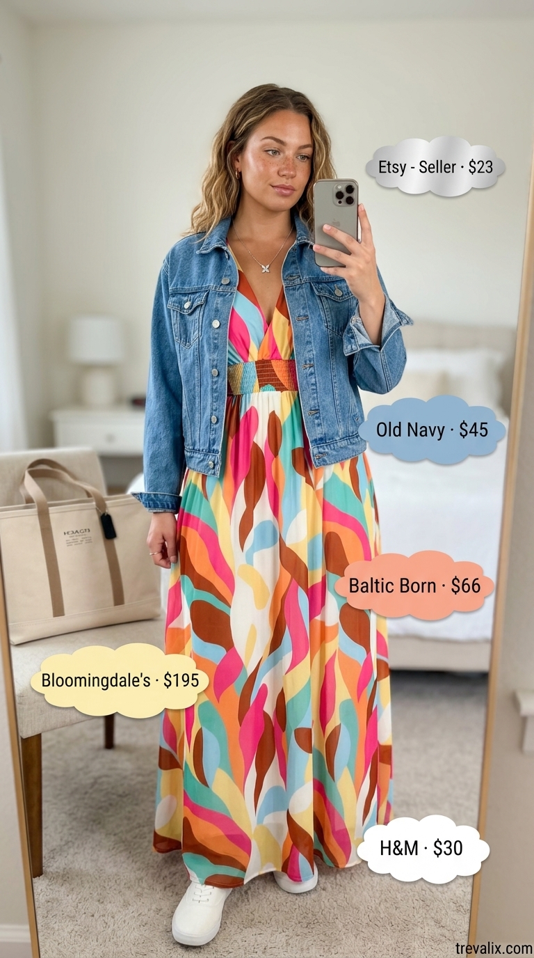 Multi-color maxi dress with denim jacket for cool casual summer sundresses 2026. Great for concerts.