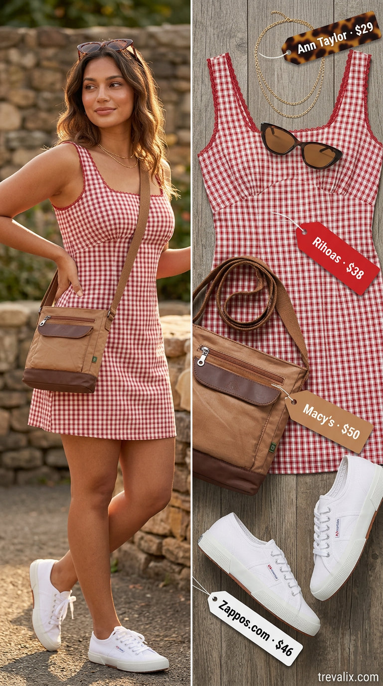 Red gingham A-line mini dress with white sneakers and tan crossbody for casual summer sundresses 2026.