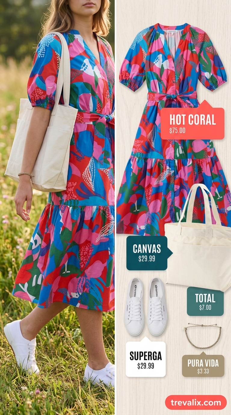 Pastel floral midi sundress with white sneakers and oversized canvas tote for casual summer sundresses 2026.