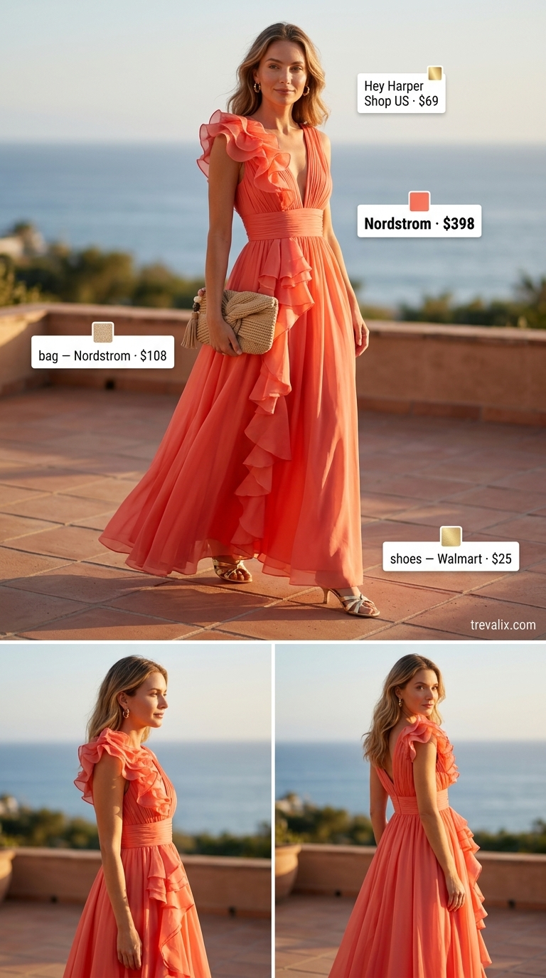 Vibrant coral maxi dress for romantic casual summer sundresses 2026. Perfect for sunset dinners.